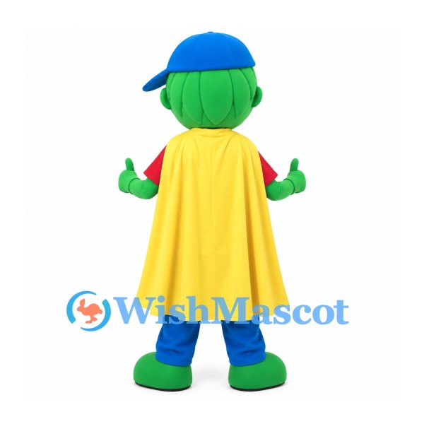 Superhero Boy Mascot Costume with Green Face and Yellow Cape