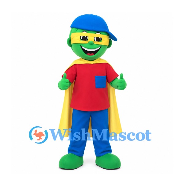 Superhero Boy Mascot Costume with Green Face and Yellow Cape