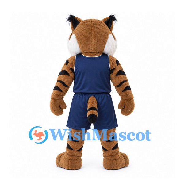 Lynx Mascot Costume in Brown with Navy Basketball Uniform and Tufted Ears