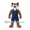 Lynx Mascot Costume in Brown with Navy Basketball Uniform and Tufted Ears