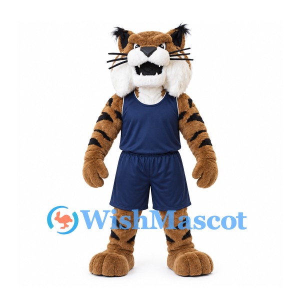 Lynx Mascot Costume in Brown with Navy Basketball Uniform and Tufted Ears