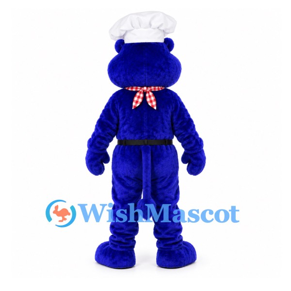 Bear Chef Mascot Costume in Blue with White Hat and Gingham Scarf