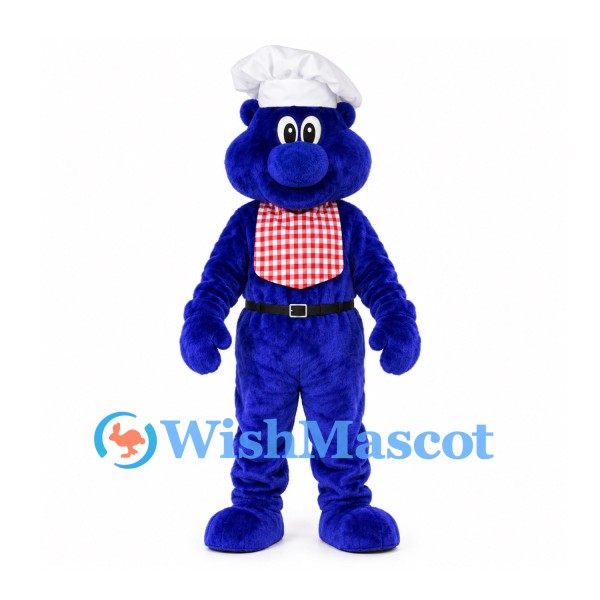 Bear Chef Mascot Costume in Blue with White Hat and Gingham Scarf