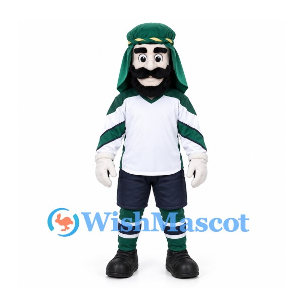 Bearded Man Mascot Costume with Green Headdress and White Sports Shirt