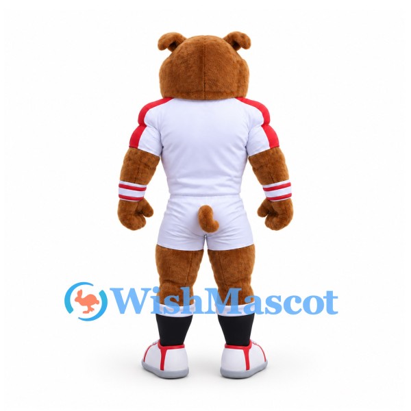 Bear Mascot Costume in Brown with Muscular White Sports Outfit