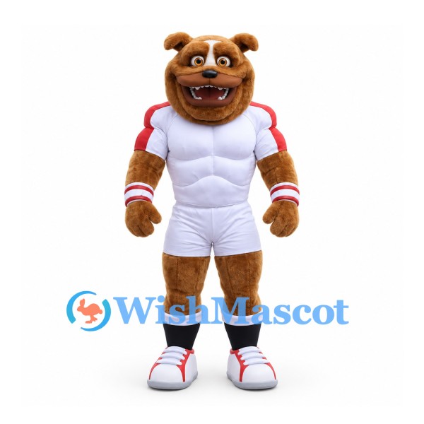 Bear Mascot Costume in Brown with Muscular White Sports Outfit