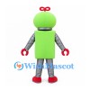 Robot Mascot Costume in Lime Green with Silver Limbs and Red Windup Key
