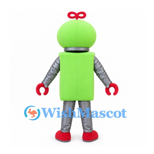 Robot Mascot Costume in Lime Green with Silver Limbs and Red Windup Key