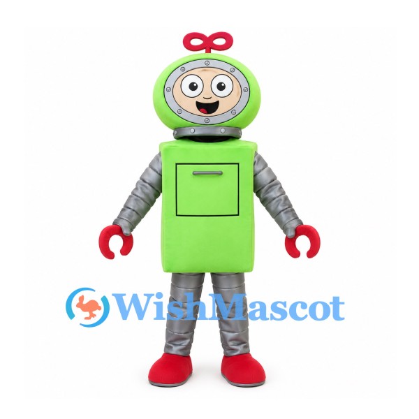 Robot Mascot Costume in Lime Green with Silver Limbs and Red Windup Key