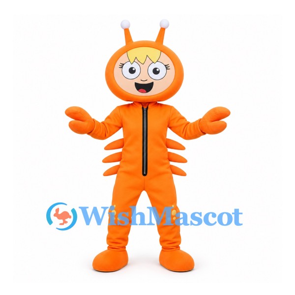 Lobster Character Mascot Costume in Orange with Claw Hands and Antennae