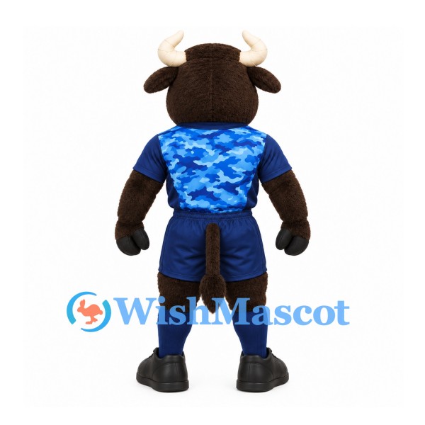 Bull Mascot Costume in Brown with Blue Camouflage Sports Uniform