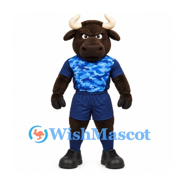 Bull Mascot Costume in Brown with Blue Camouflage Sports Uniform