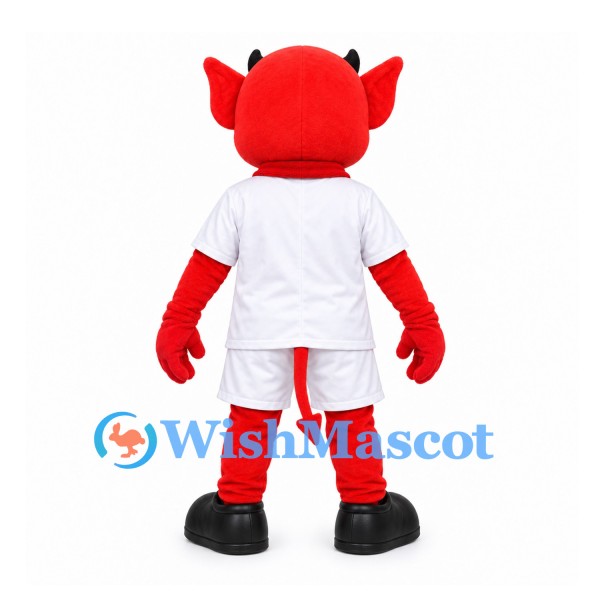 Red Devil Mascot Costume with White Sports Uniform and Red Scarf