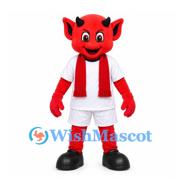 Red Devil Mascot Costume with White Sports Uniform and Red Scarf