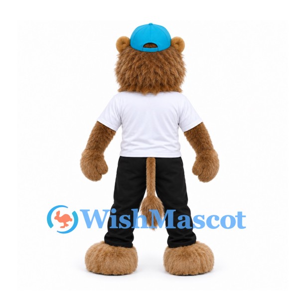 Lion Mascot Costume with Blue Cap and White Shirt with Black Pants