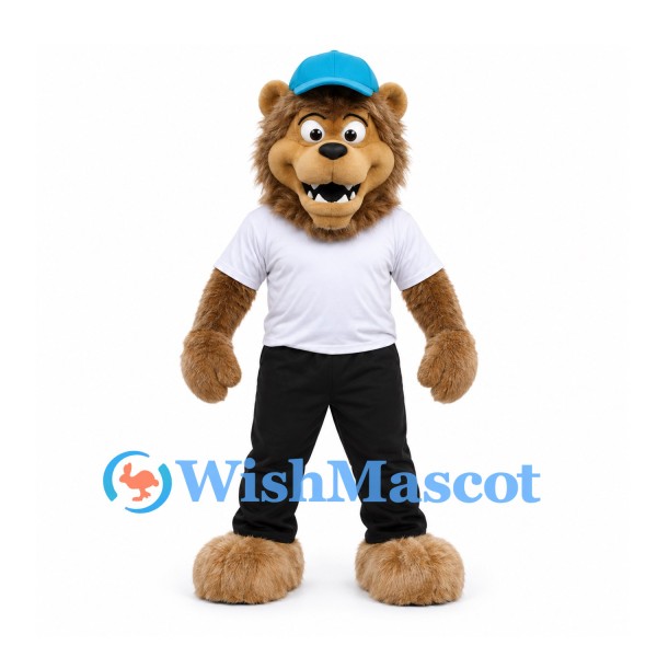 Lion Mascot Costume with Blue Cap and White Shirt with Black Pants