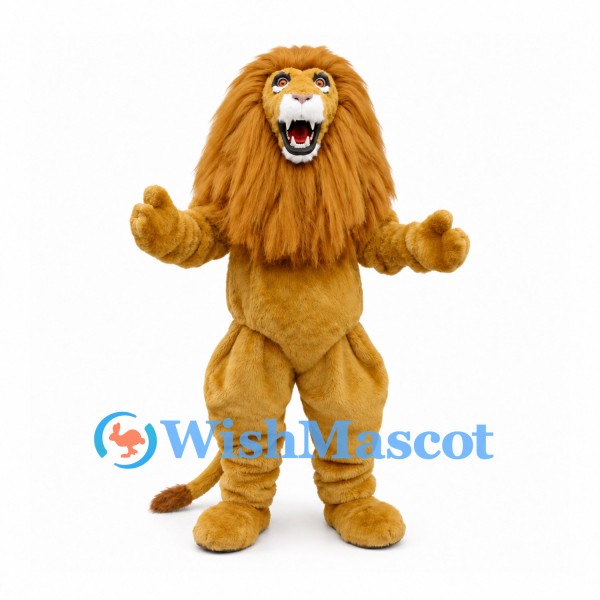Lion Mascot Costume in Gold with Long Mane and Open Mouth