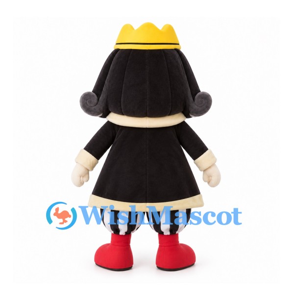 King Mascot Costume with Yellow Crown and Black Coat