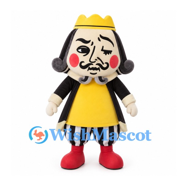 King Mascot Costume with Yellow Crown and Black Coat