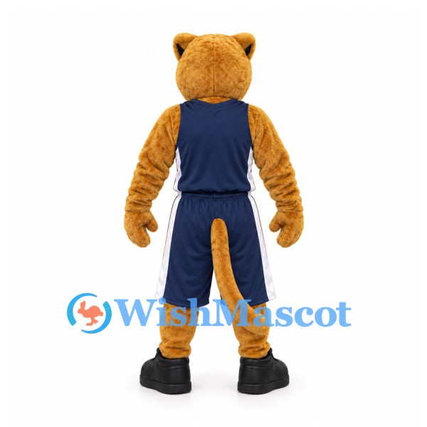 Cougar Mascot Costume in Gold with Navy Basketball Uniform