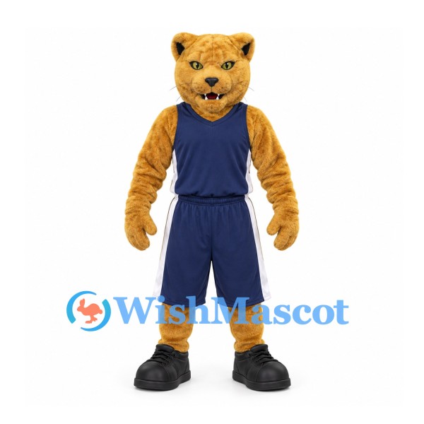 Cougar Mascot Costume in Gold with Navy Basketball Uniform