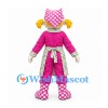 Farmer Girl Mascot Costume with Pink Checkered Headscarf and Floral Apron