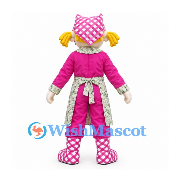 Farmer Girl Mascot Costume with Pink Checkered Headscarf and Floral Apron