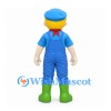 Farmer Boy Mascot Costume with Blue Cap and Overalls and Green Boots