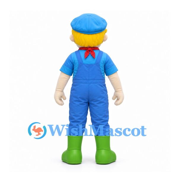 Farmer Boy Mascot Costume with Blue Cap and Overalls and Green Boots