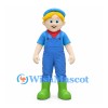 Farmer Boy Mascot Costume with Blue Cap and Overalls and Green Boots