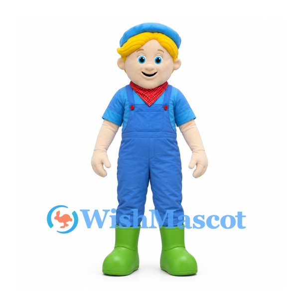 Farmer Boy Mascot Costume with Blue Cap and Overalls and Green Boots