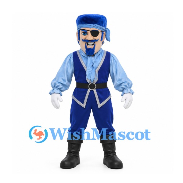 Pirate Mascot Costume with Blue Hat and Eye Patch