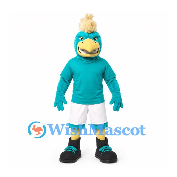 Eagle Mascot Costume in Teal with Cream Crest and White Shorts