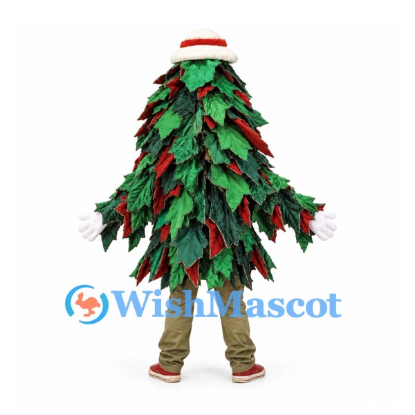 Christmas Tree Mascot Costume with Layered Green Leaves and Red Santa Hat