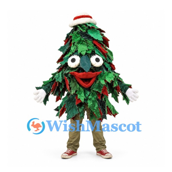 Christmas Tree Mascot Costume with Layered Green Leaves and Red Santa Hat