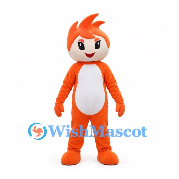 Fire Sprite Mascot Costume in Orange with White Belly and Flame Hair