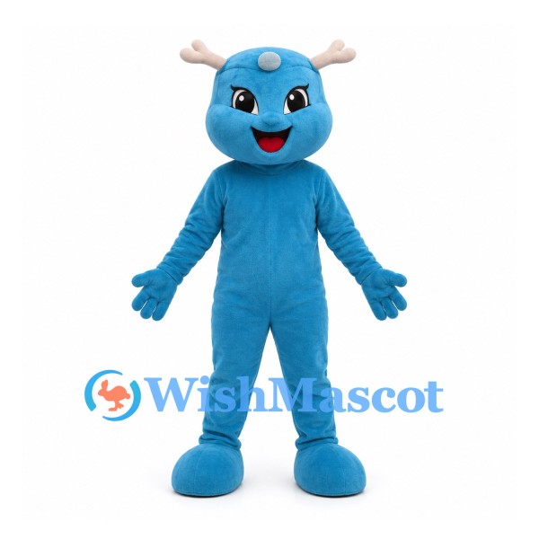 Blue Dragon Mascot Costume with White Antler Horns and Forehead Dot