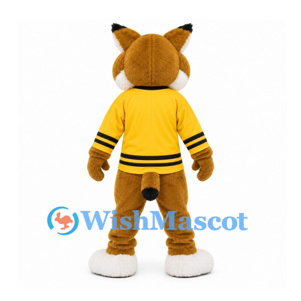 Lynx Mascot Costume in Brown with Yellow and Black Sports Shirt