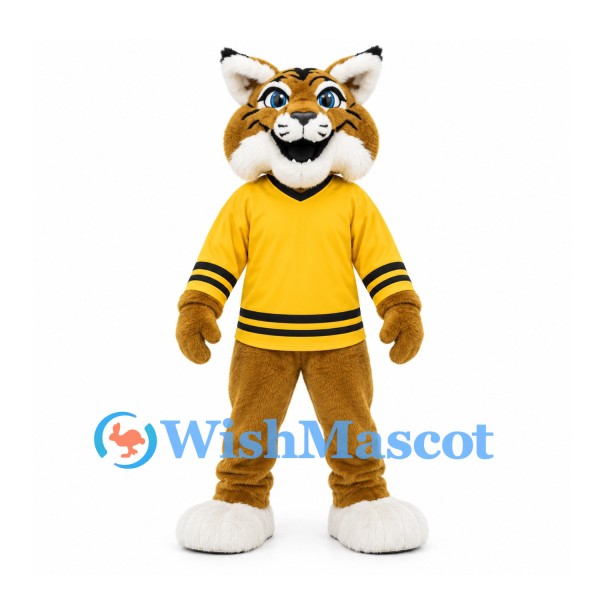 Lynx Mascot Costume in Brown with Yellow and Black Sports Shirt