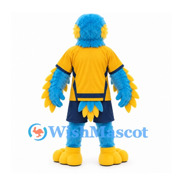 Blue Bird Mascot Costume with Yellow Sports Shirt and Navy Shorts