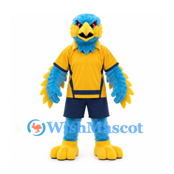 Blue Bird Mascot Costume with Yellow Sports Shirt and Navy Shorts