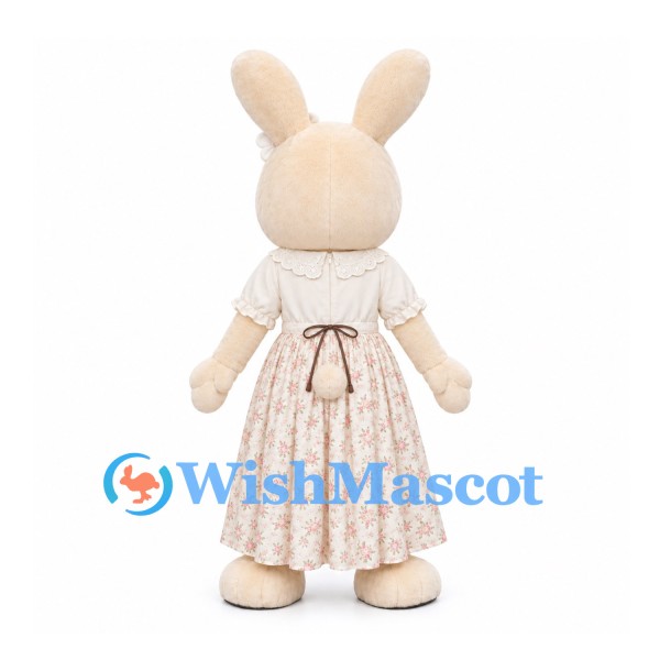 Rabbit Mascot Costume in Cream with Floral Dress and White Hair Flower