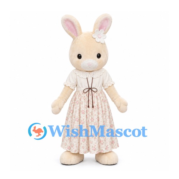 Rabbit Mascot Costume in Cream with Floral Dress and White Hair Flower