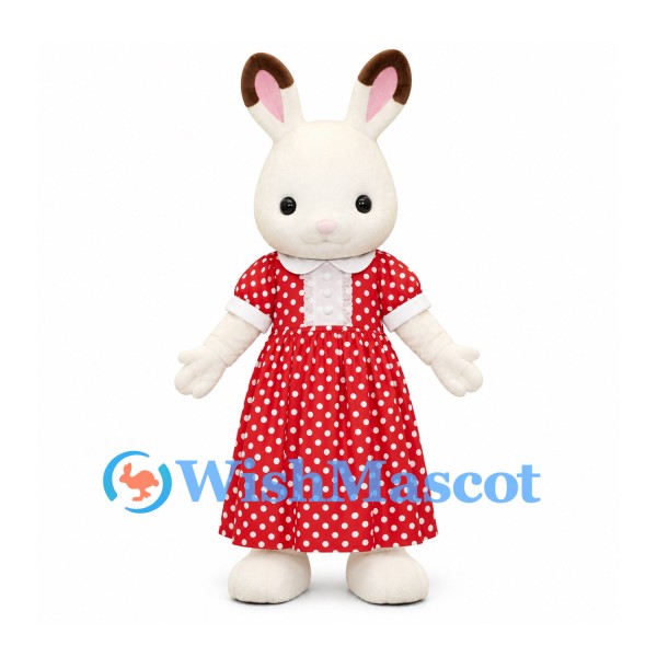 Rabbit Mascot Costume in White with Red Polka Dot Dress