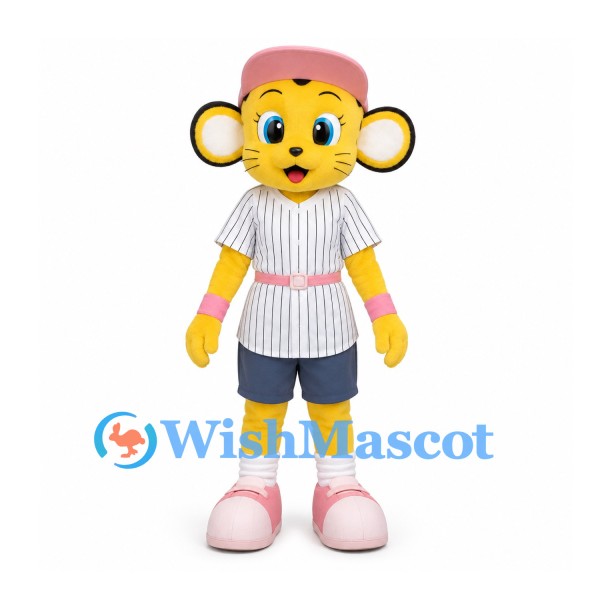 Tiger Cub Mascot Costume with Pink Cap and White Pinstripe Shirt