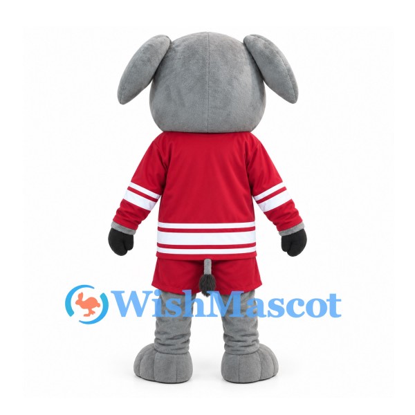 Elephant Mascot Costume in Gray with Burgundy Hockey Uniform