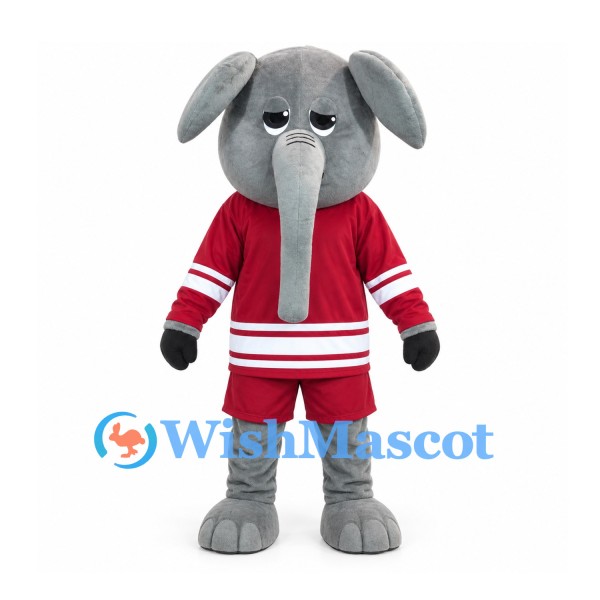 Elephant Mascot Costume in Gray with Burgundy Hockey Uniform