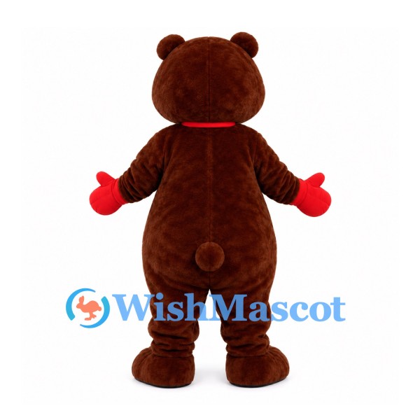 Bear Mascot Costume in Brown with Blue Nose and Red Gloves