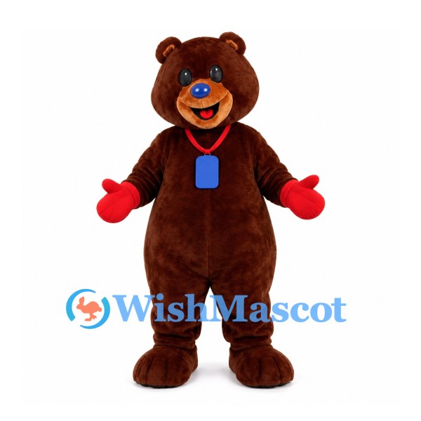 Bear Mascot Costume in Brown with Blue Nose and Red Gloves