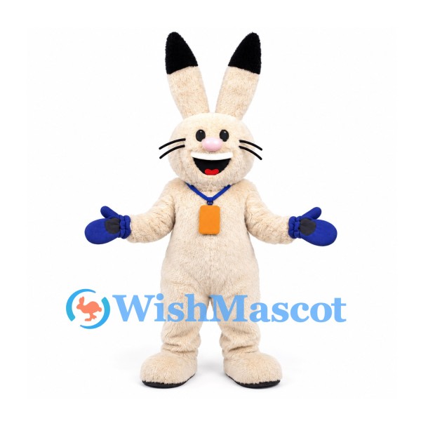 Rabbit Mascot Costume in Cream with Blue Gloves and Orange Pendant